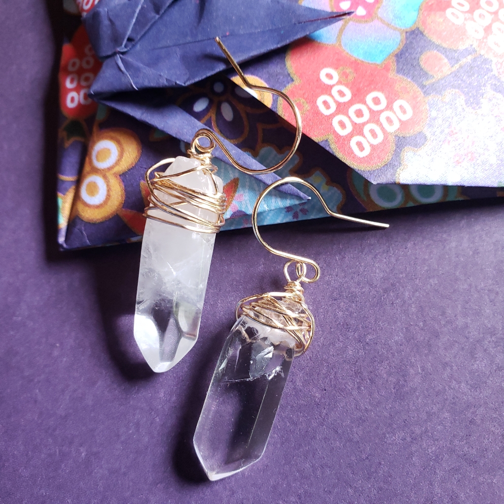 Handmade Wire Wrapped Clear Crystal Quartz Dainty Earrings